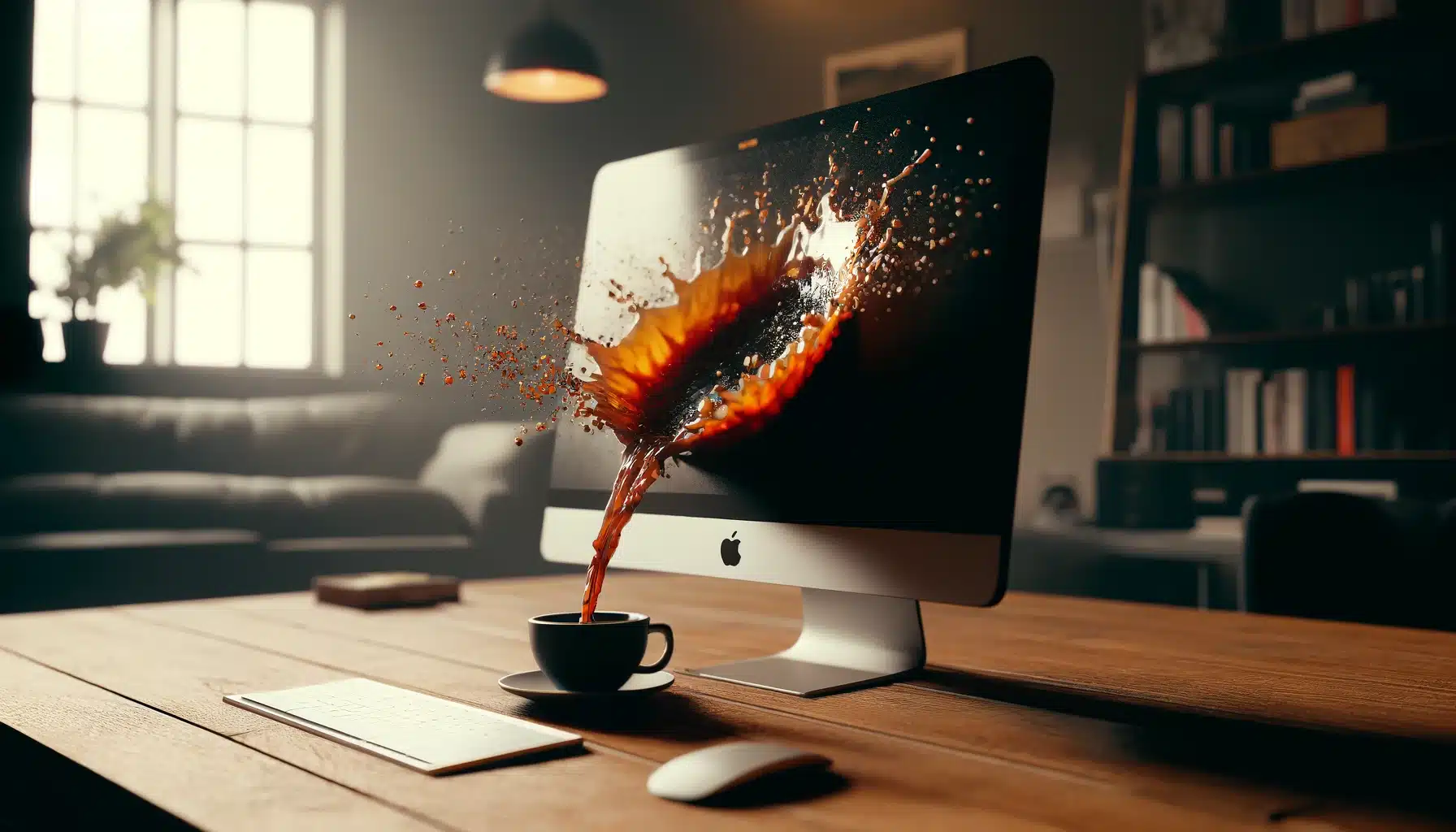 En datorskärm där det kommer kaffe ur på en webbyrå i Skövde